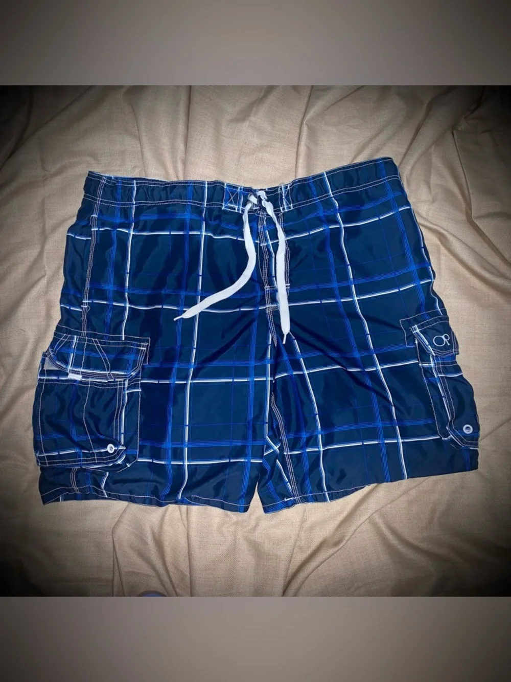 🏄‍♂️OP Men’s XL Blue Plaid Swim Trunks Cargo Board Shorts EUC